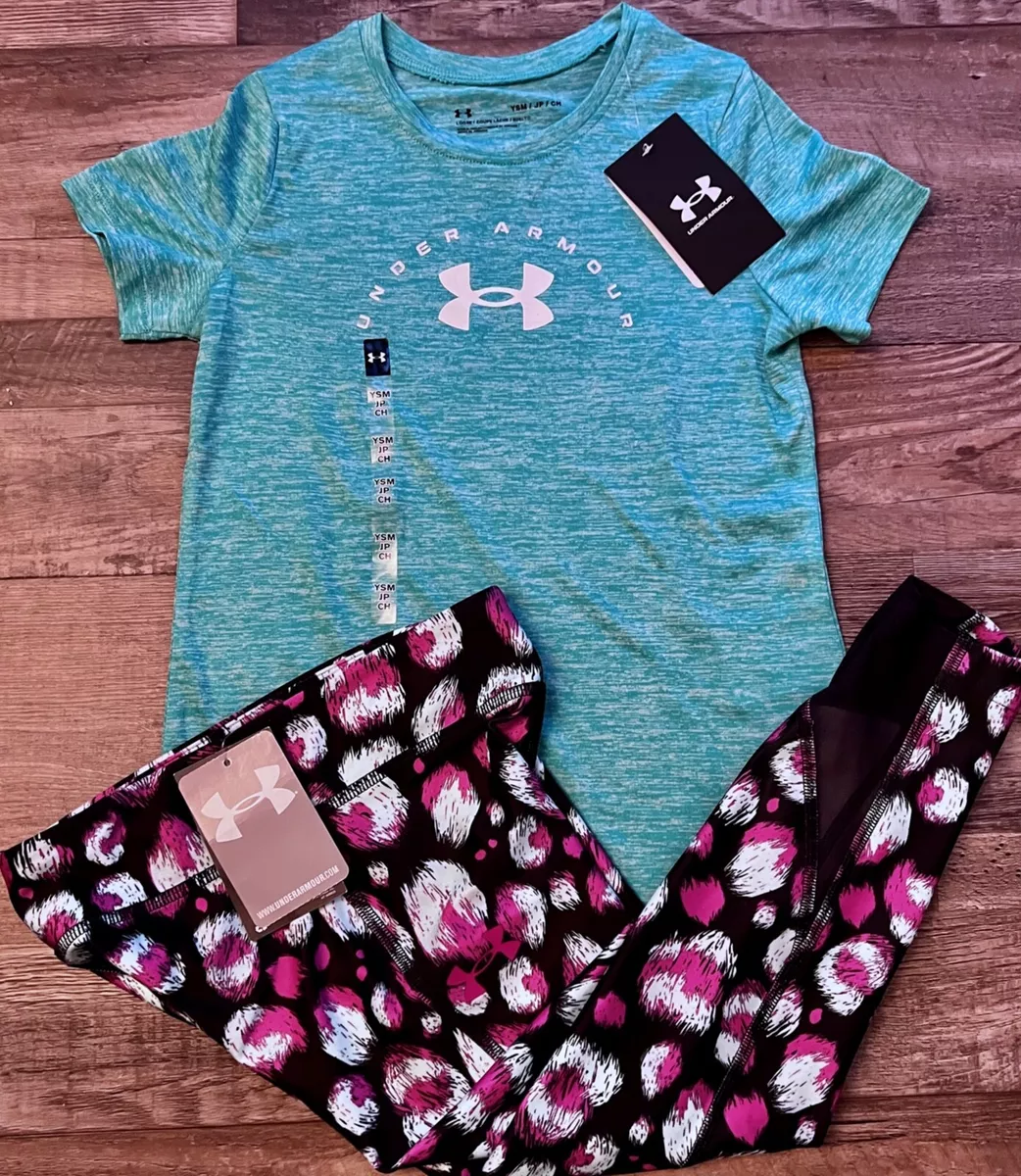 NWT Under Armour YSM Girls Black/Magenta/Aqua Graphic Print Leggings Set