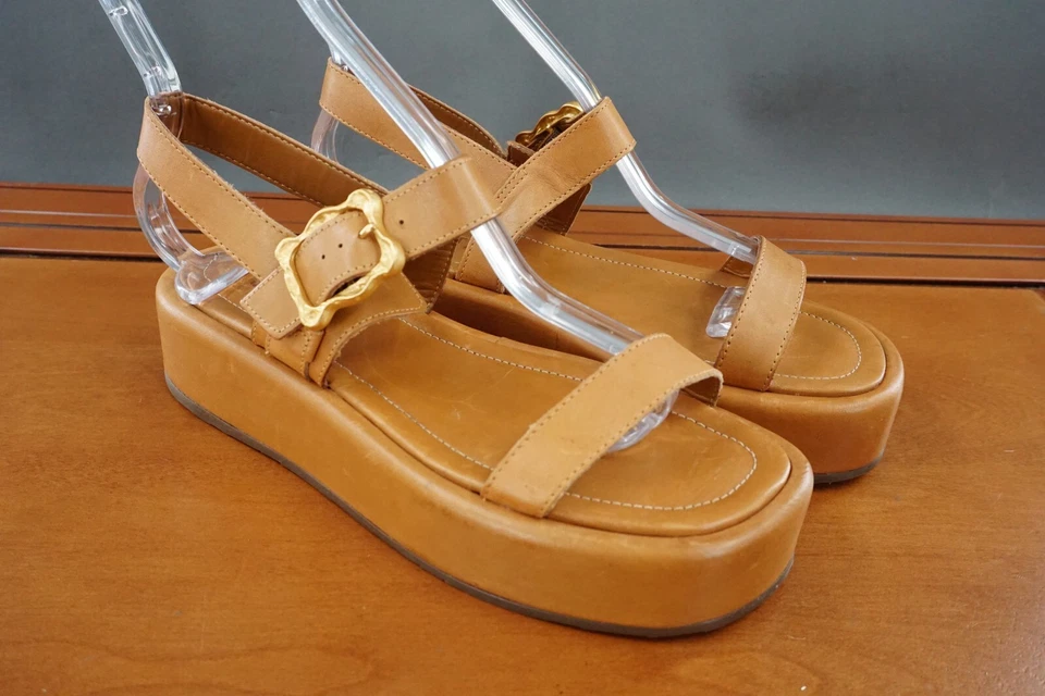 Sandalia plataforma ondulada Schutz para mujer 7 zapatos cuero marrón hebilla cabestrillo cómodo Foto 3 de 4