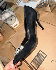 GUESS Women s Black Suede Pointed Toe Stiletto Pump Rhinestone Buckle 6.5