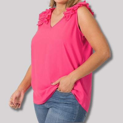 1X 2X 3X Plus Women's  V Neck Ruffle Trim Woven Sleeveless Top Soft Flowy Tank