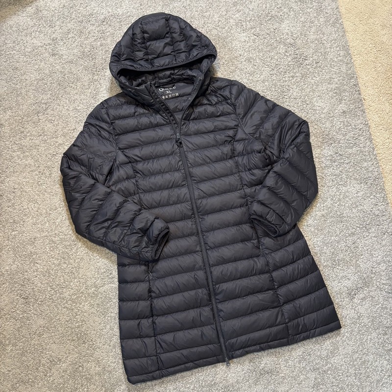 Quince Hooded Puffer Jacket Womens XL Black Lightweight Packable Zip Coat Down