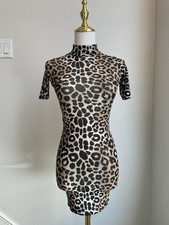 boohoo Petite Leopard Print Bodycon Mini Dress Mock Neck Short Sleeve US 1