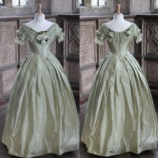 Victorian Green Off Shoulder Puff Sleeve Ball Gown Ribbon Sash Historical