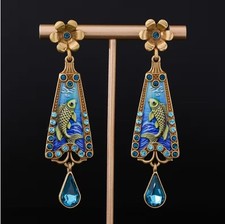 Art Deco Style Earrings Blue Crystal Fish Dan...