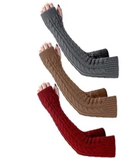 3 Pairs Arm Warmers Long Fingerless Gloves Knit Dark Grey, Wine Red, Khaki