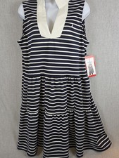 Nautica Jeans Women's M Stand Collar Sleeveless Tiered Dress Navy Babydoll NEW
