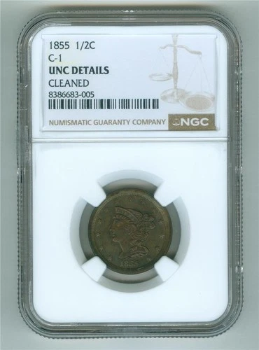 U.S. 1855 C-1 BRAIDED HEAD HALF CENT NGC UNC DETAILS CLEANED