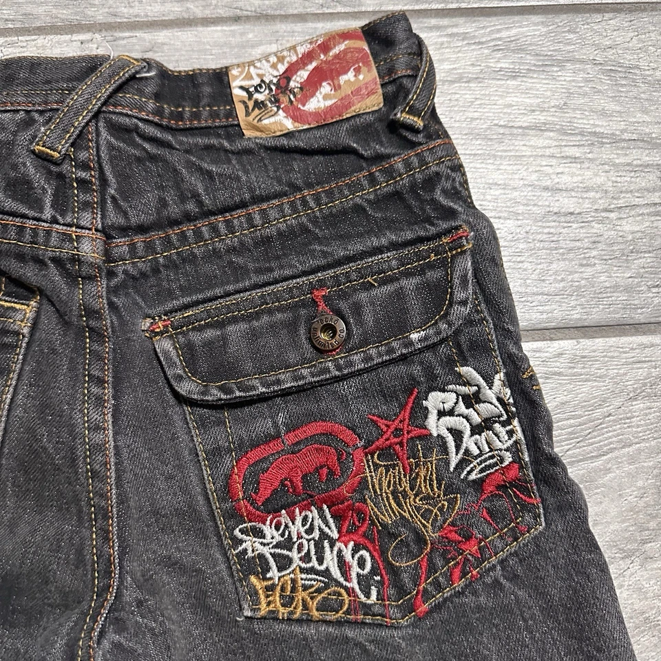 Pantalones Cortos Vintage Ecko Unltd Juveniles 6 Negros Bordados Calce Suelto Sueltos Y2K Años 90 Foto 3 de 4