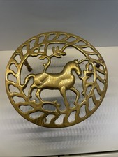 Antique Vintage Brass Trivet Pot Stand Horse Themed Three Legged