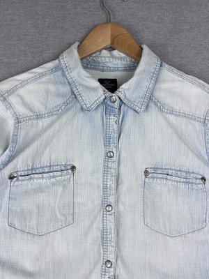Faded Glory Shirt Mens XL Blue Denim w/ Black Pearl Snaps LS Western Cowboy