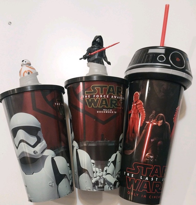 3 Star Wars Collectible Movie Theater Cups and Tops Last Jedi Force Awakens bb-8