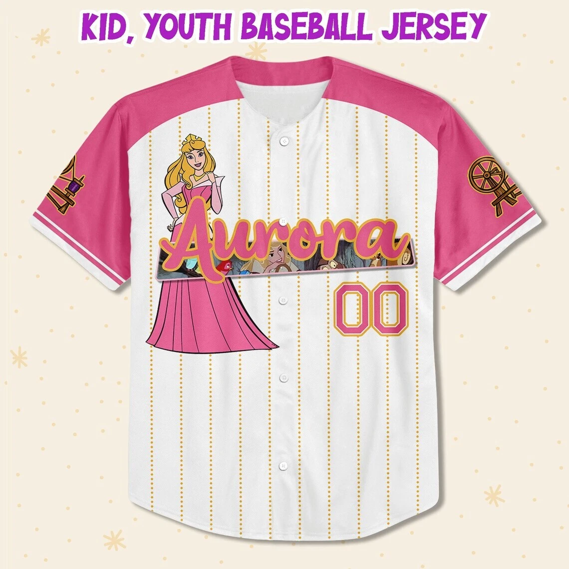 Custom Disney Princess Aurora Sleeping Beauty, Custom Kids,Youth Baseball Jersey