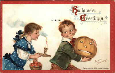 Vintage FRANCES BRUNDAGE HALLOWEEN Girl Chases Boy w Jack O' Lantern