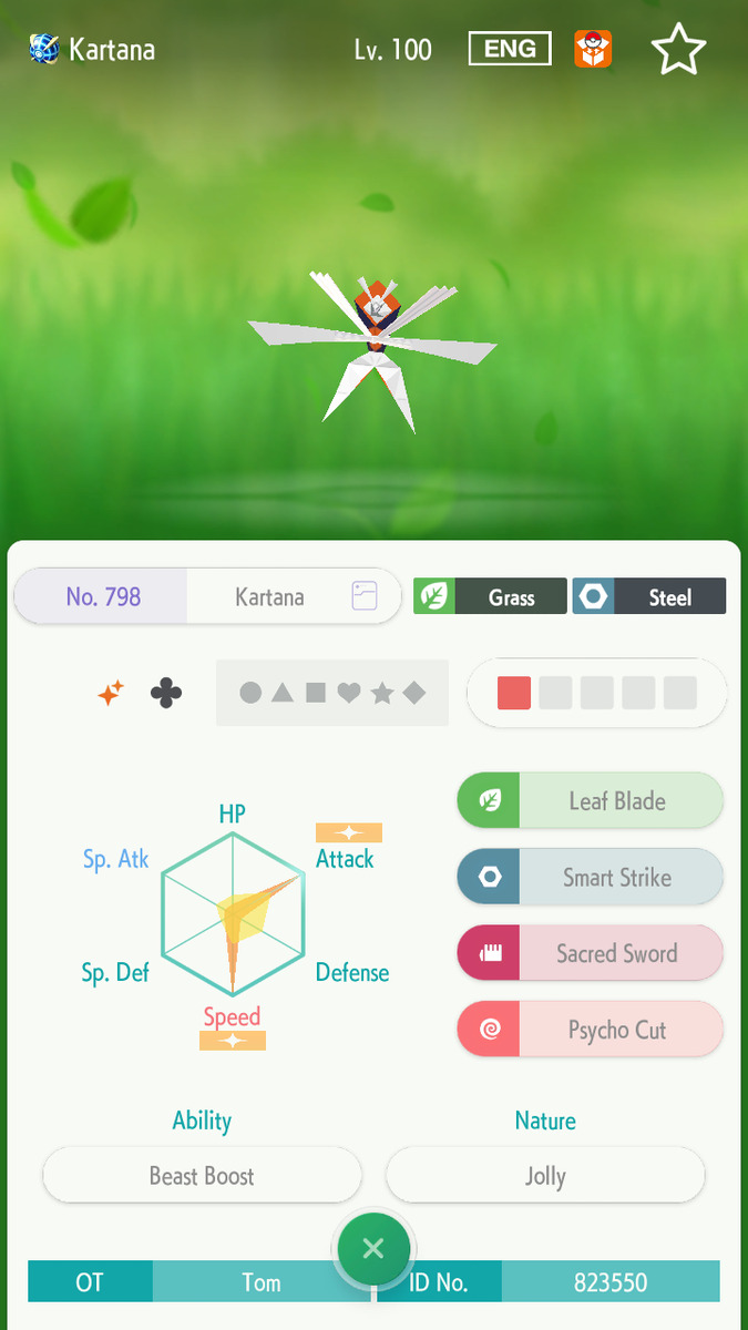 Pokemon Sword and Shield Shiny Kartana 6IV-EV Trained