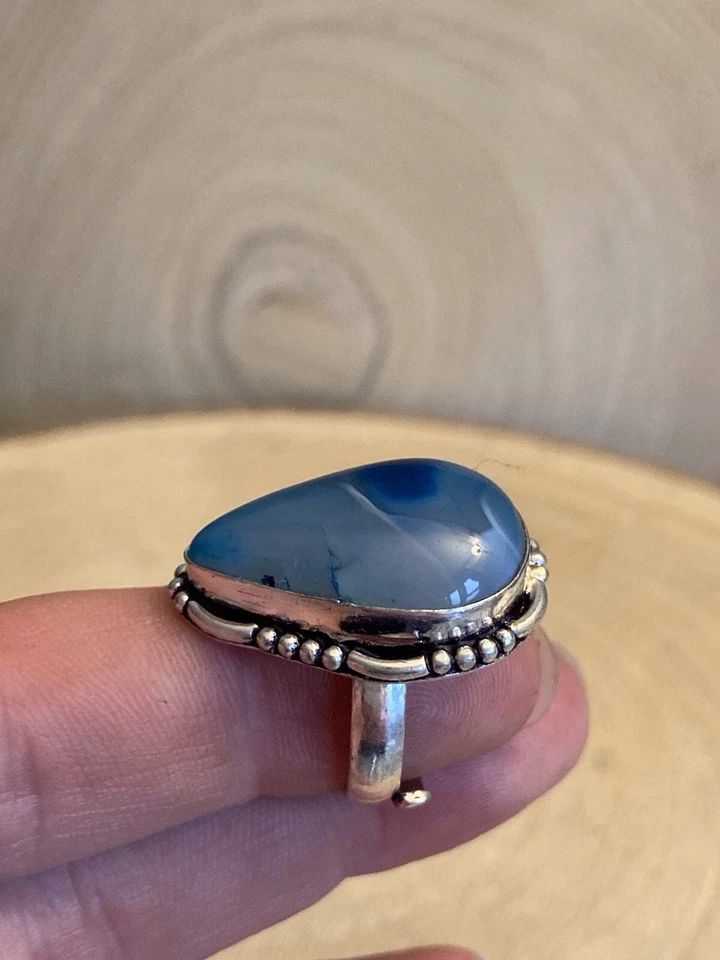 Blue Lace Agate Adjustable Teardrop Ring Size N-R Sterling Silver 925 Plated - Image 4 of 4