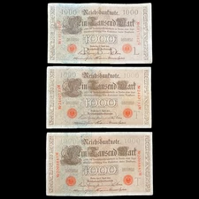 3x 1910 German 1000 Mark Banknote WW1 Military Coin Sub Pre Fascist Hitler Nazi
