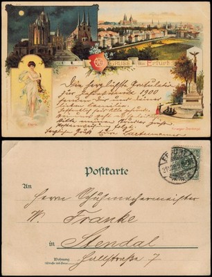 Postcard litho postcard Erfurt Cathedral at night, flora, city 1899