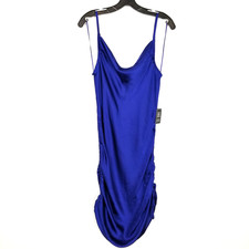 Express Women Royal Blue Satin Slip Midi Dress Sz L Ruched Side Party Event