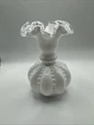 Vintage Fenton Milk Glass Ruffled Edge Beaded Melon Vase 6 1/4"