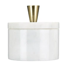 White Marble Salt Cellar with Lid and Brass Knob for Salt and Spices Storage