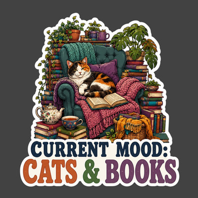 Cat Sticker Vinyl Decal Current Mood Cats & Books Cozy Reader Gift