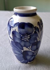 Kleine Vase Keramik Steingut Blumendekor blau vintage verziert