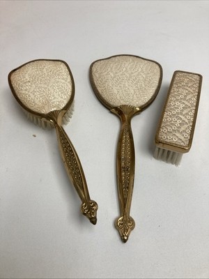 (RefJOH49) Schminktisch Schminktisch Set Spiegelbürste etc Spitzenintarsien goldfarben