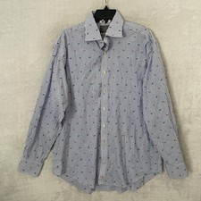 Thomas Dean Mens Button Shirt Blue Geometric XL Cotton Long Sleeve Collar