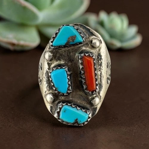 Vintage Sterling Silver Turquoise & Coral Ring Size 8 Southwestern Ring 9.29g