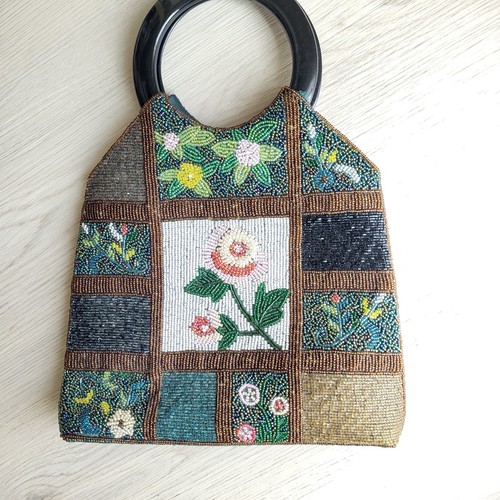 VTG Beaded Purse Floral Block Pattern Plastic Circle Handles Inside Pocket Retro - Picture 16 of 20
