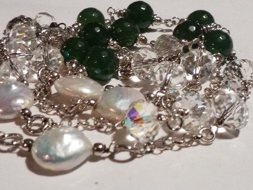 Silver Toned Chain Necklace Real Stone Beads Freshwater Pearls Crystals Jade 18" - Picture 11 of 12