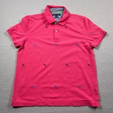 Tommy Hilfiger Polo Shirt Men Medium Fish Scales Custom Fit Summer Pink