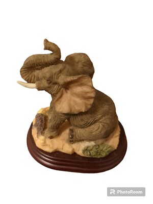 Vintage Good Luck Elephant Sitting w/trunk Up On Wood Base Very Detailed