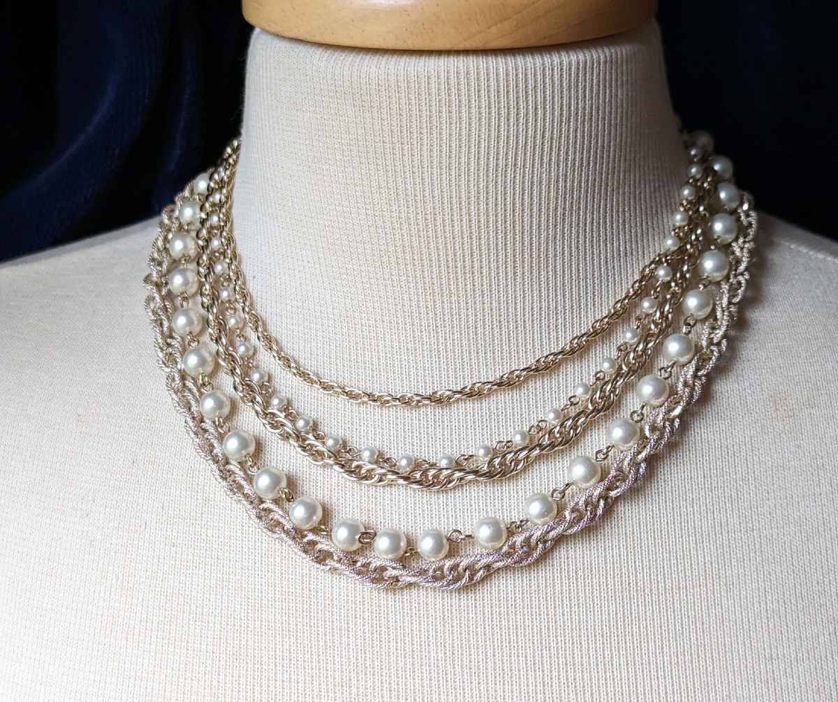Pearl Mix Malti Chain Necklace（Gold） Multi Layered Pearl Statement Necklace Gold Chain Long Bead