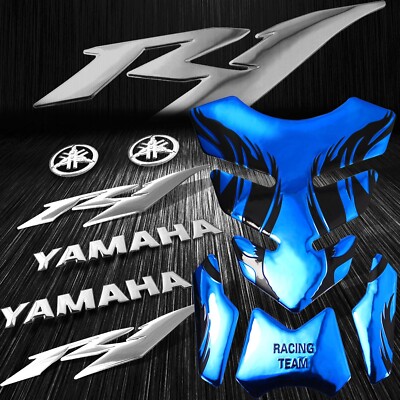 Chrome Blue Tribal Fire Gas Fuel Tank Pad+3D 6''Logo&Letter+YZF-R1 Emblem Sticker