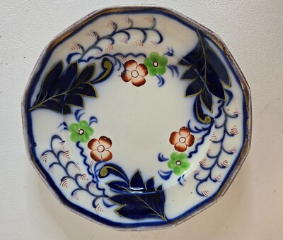 Antique Staffordshire Gaudy Welsh Plate Dodecagon Ironstone Blossom Flow Blue8''