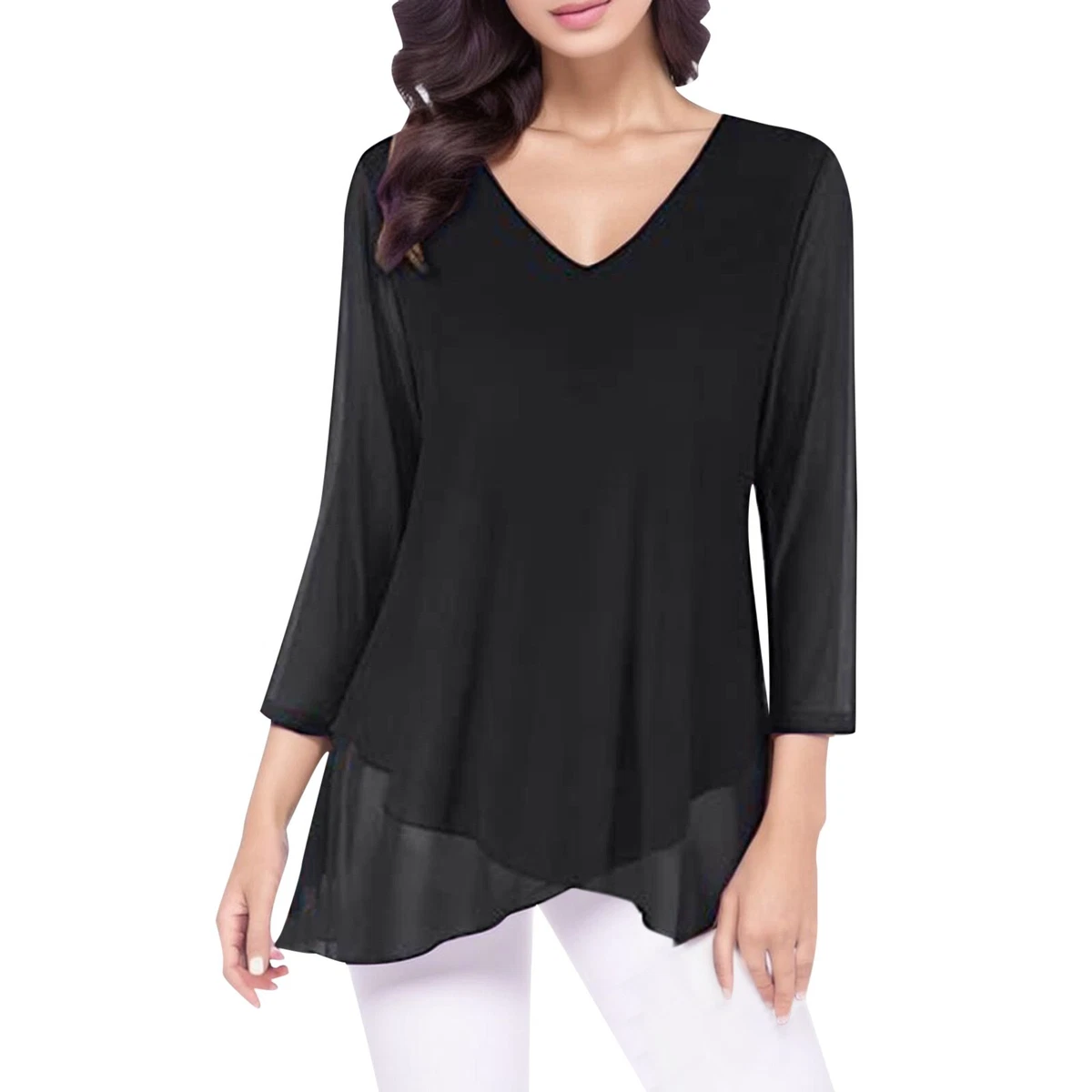 Womens Dressy 3 4 Sleeve Tunic Tops Asymmetric Hem Silky Tee