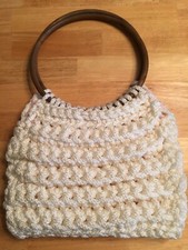 Hand Made Macrame Purse with wooden ring handles Off White 12x8 larger knots