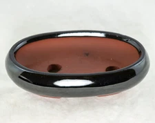 Flat Narrow Oval Bonsai, Succulent Pot + Mesh 7.25"x 4.5"x 1.75" - Black Glazed