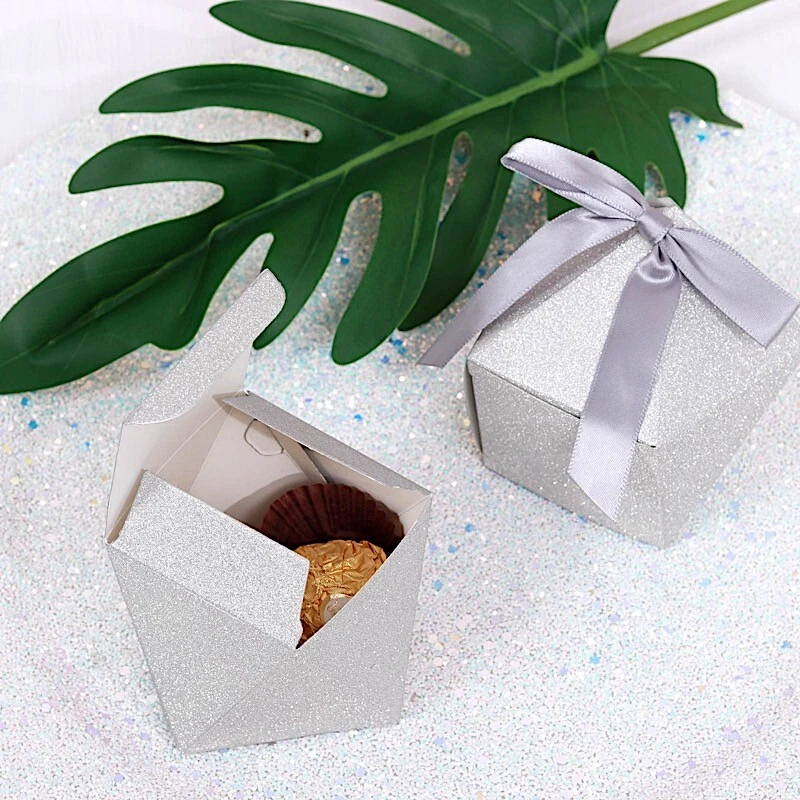 25 SILVER 3" Glittered Geometric FAVOR BOXES Gift Holders Party Decorations - Image 4 of 4