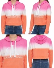 Women's Calvin Klein Jeans Logo Crop Hoodie Tie Dye Pink White Orange XL 16