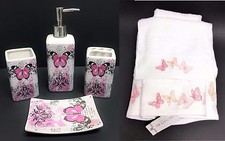 NEW 7 PC SET OFF WHITE,PINK+BLACK BUTTERFLY 4 PC SOAP DISPENSER SET & 3 TOWELS