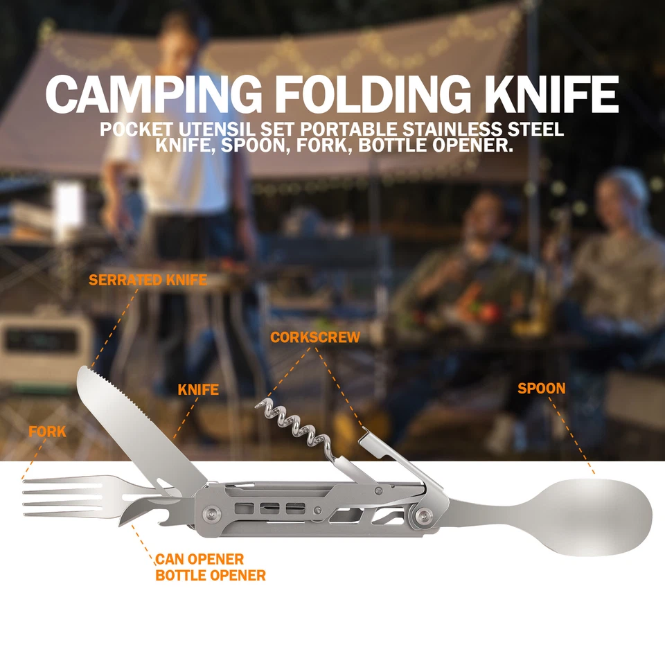 5-in-1 Portable Camping Utensil Detachable Stainless Steel Folding Flatware Set - Image 4 of 4