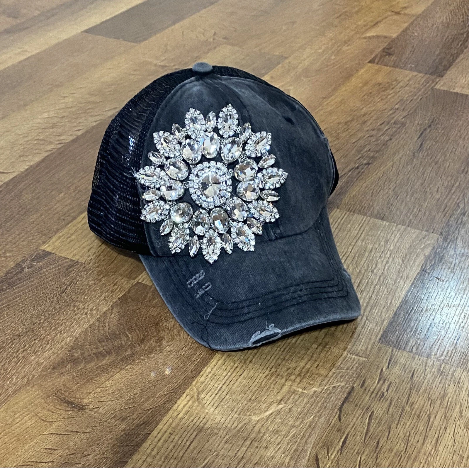 Women’s Distressed Worn Black Bling Baseball Cap With Pony Tail Hole