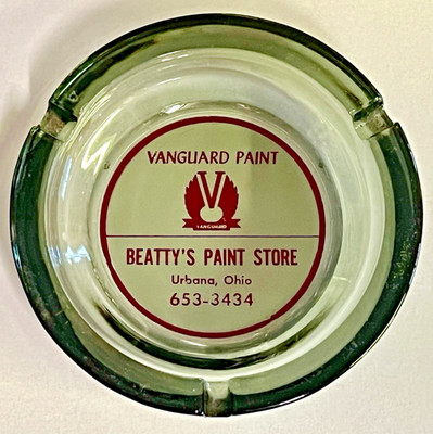 Vintage 1970's Vanguard Paint Glass Ashtray Cigarette Advertising Urbana Ohio