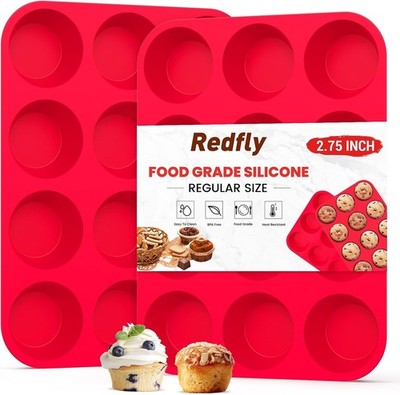 Redfly 2 Pack Silicone Muffin Pan & Cupcake Pans 2pcs: 12-Cup Regular, Red