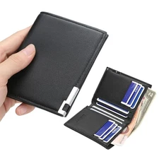 Black Minimalist Men Slim Wallet Leather Thin ID Credit Card Holder Bifold Purse