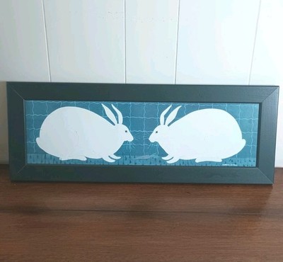Framed Warren Kimble Folk Art Two White Rabbits Blue Carrot 8x21