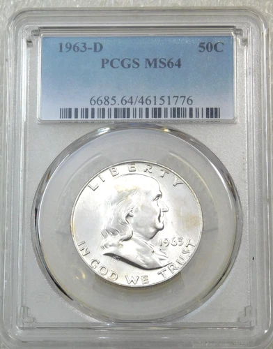 1963-D Franklin Half Dollar PCGS MS64 90% FBL Frosty New Holder PQ #P275D