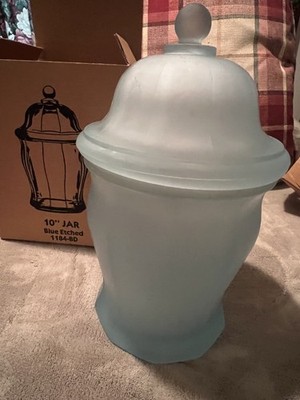 Homco  Jar Frosted Blue 1184-BD lid 10 inch Glass Vintage